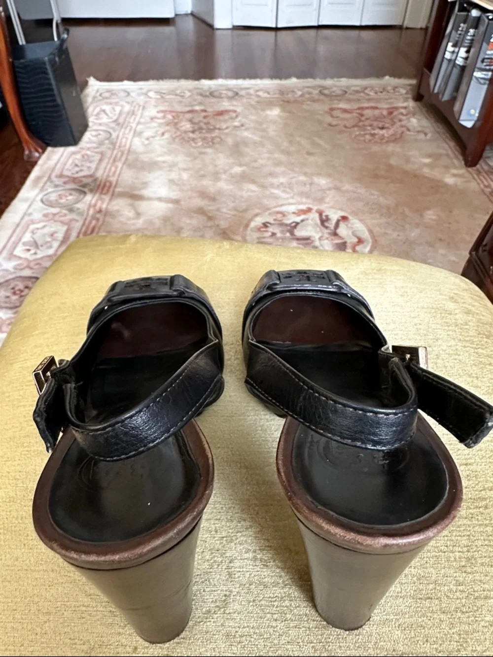 Tory Burch Black Leather Slingback Peep-Toe Heels with Buckle Detail Size 8.5